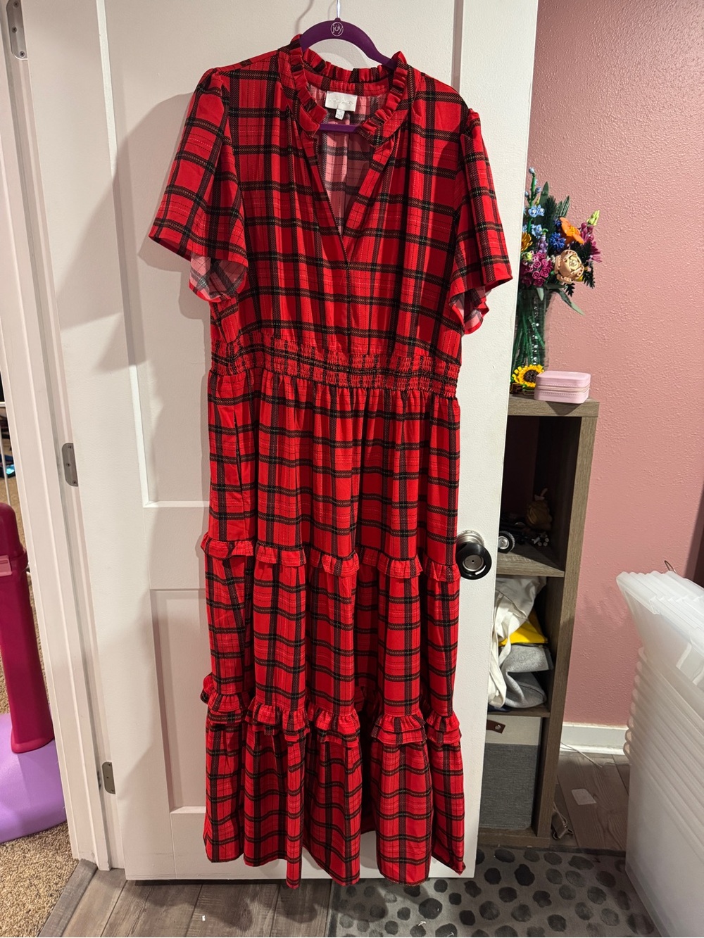 Sugar Lips Red Plaid Tiered Maxi Dress